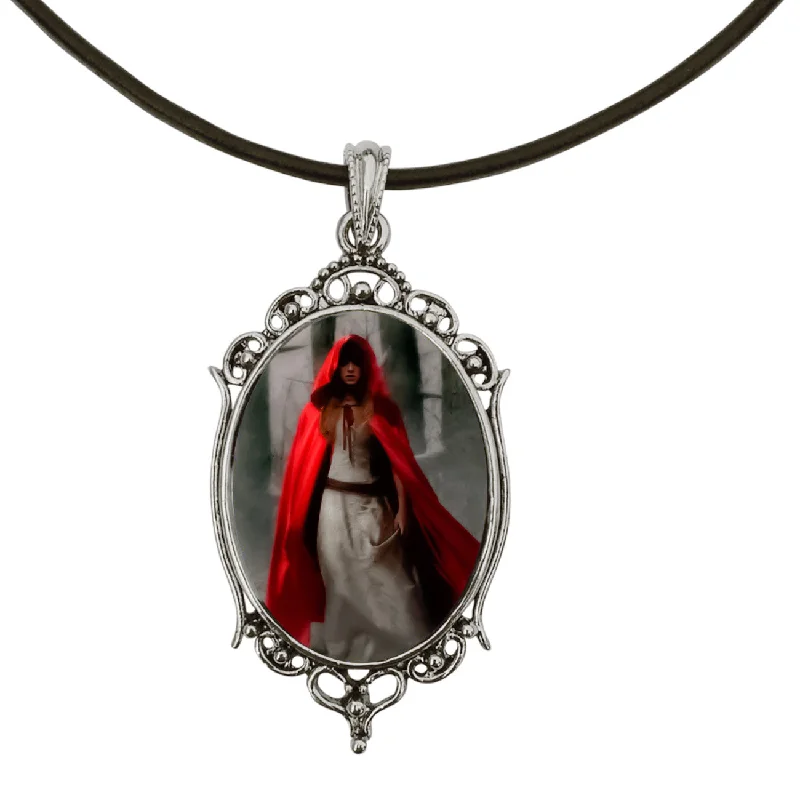 gold pendant necklace for mom with custom name engraving-Gothic Red Riding Hood Antique Silver Cameo Pendant on 18" Black Leather Cord Necklace