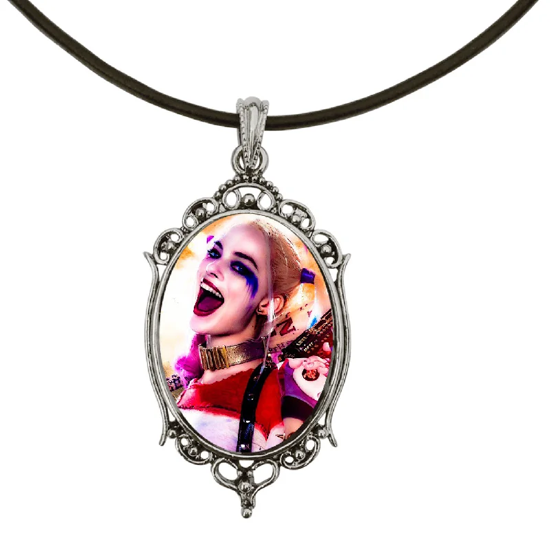 custom pendant necklace for anniversary with custom engraving-Laughing Harley Quinn (Suicide Squad) Antique Silver Cameo Pendant on 18" Black Leather Cord Necklace