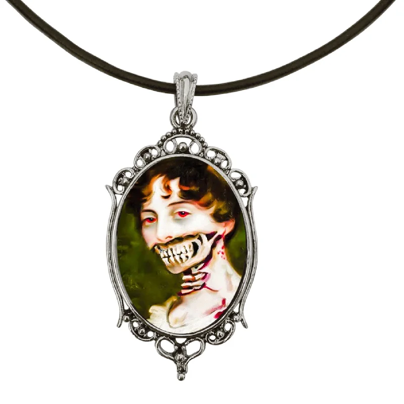 personalized gemstone pendant necklace with initials-Pride and Prejudice and Zombies Antique Silver Cameo Pendant on 18" Black Leather Cord Necklace