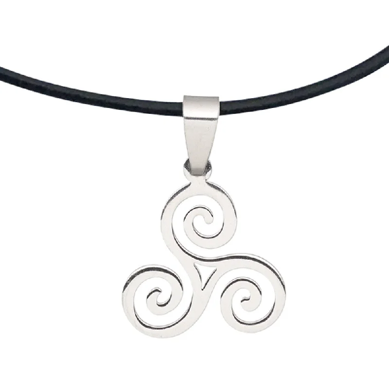 custom pendant necklace for anniversary with engraved names-DragonWeave Steel Celtic Triskele Spiral Pendant Necklace on Black Leather Cord, Adjustable