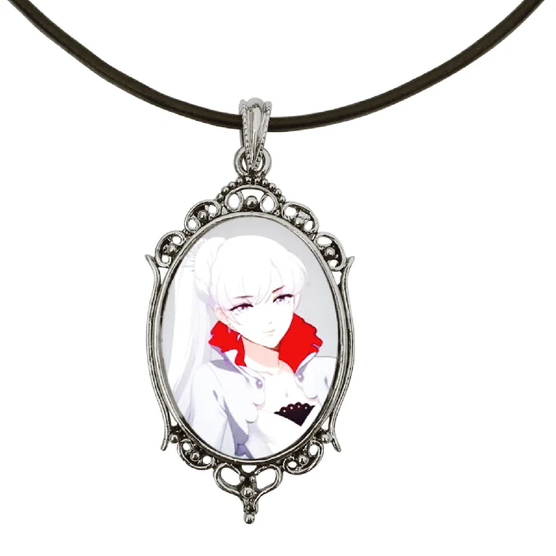 gold pendant necklace with initials for mom-Weiss Portrait from RWBY Anime Antique Silver Cameo Pendant on 18" Black Leather Cord Necklace