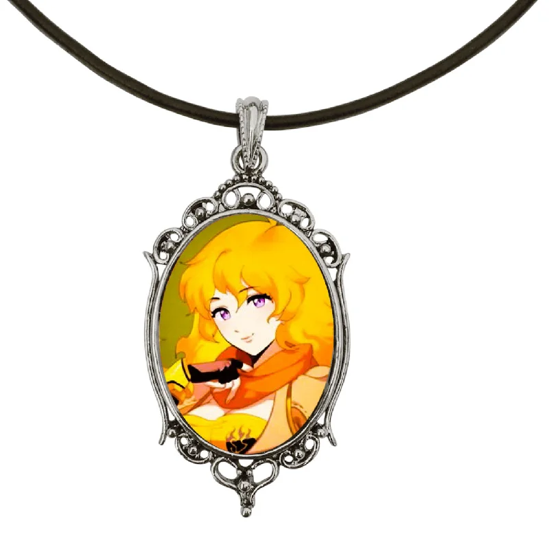 custom photo pendant necklace with engraving for couples-Yang Portrait from RWBY Anime Antique Silver Cameo Pendant on 18" Black Leather Cord Necklace