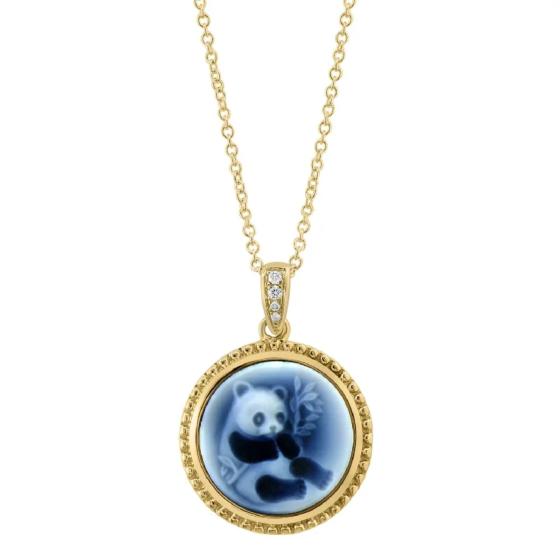 personalized crystal pendant necklace with photo engraving-EFFY 14MM Round Agate and Diamond 18-inch Panda Cameo Pendant in 14KT Yellow Gold