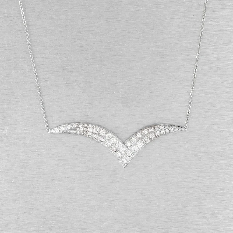 gold pendant necklace for anniversary with custom text-Estate 14k White Gold Diamond Chevron Pendant Necklace 17.5" 1.03ctw VINTAGE