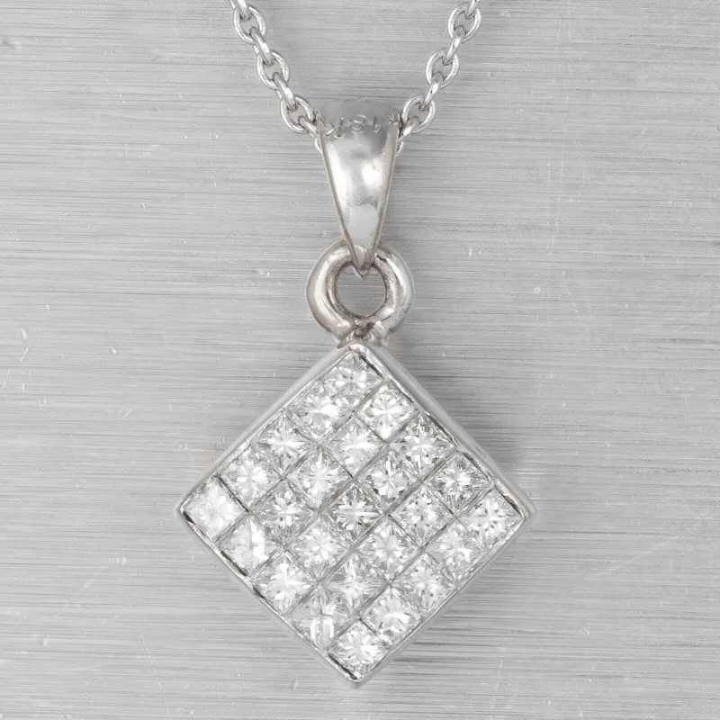 personalized letter pendant necklace for wedding gift-Estate 18k White Gold Princess Cut Diamond Square Pendant Necklace 0.50ctw 18"