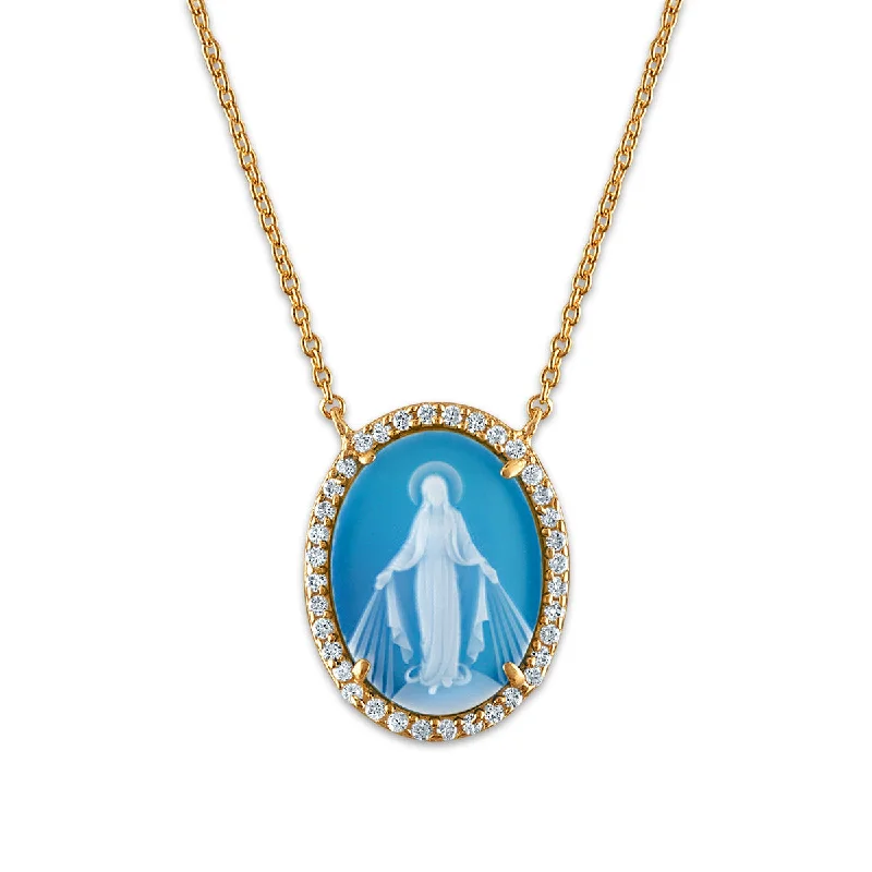 silver heart-shaped pendant necklace for anniversary gift-Frank Ronay Collection Blue Agate and Cubic Zirconia 20X15MM 18-inch Virgen Milagrosa Pendant in 18KT Yellow Gold Plated Sterling Silver