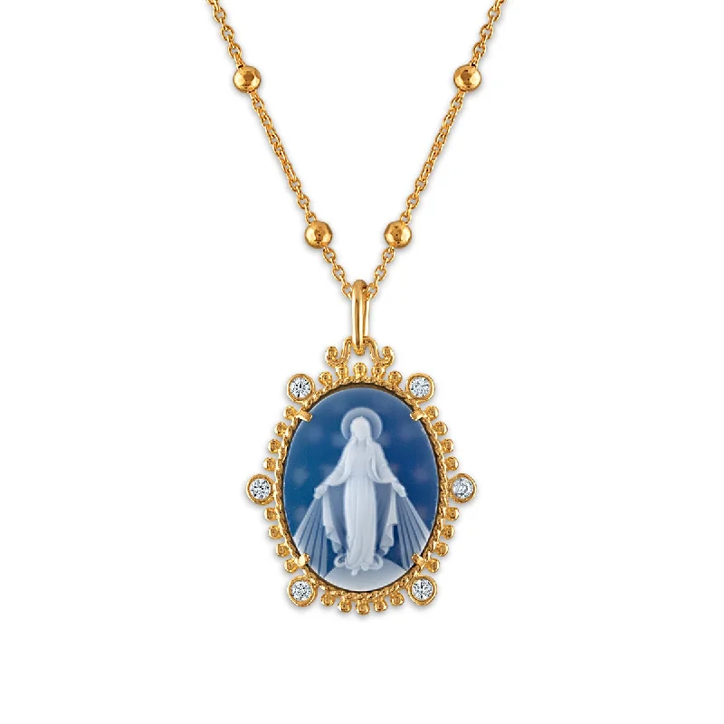 engraved silver heart pendant necklace for her-Frank Ronay Collection Blue Agate and Cubic Zirconia 20X16MM 18-inch Virgen Milagrosa Pendant in 18KT Yellow Gold Plated Sterling Silver