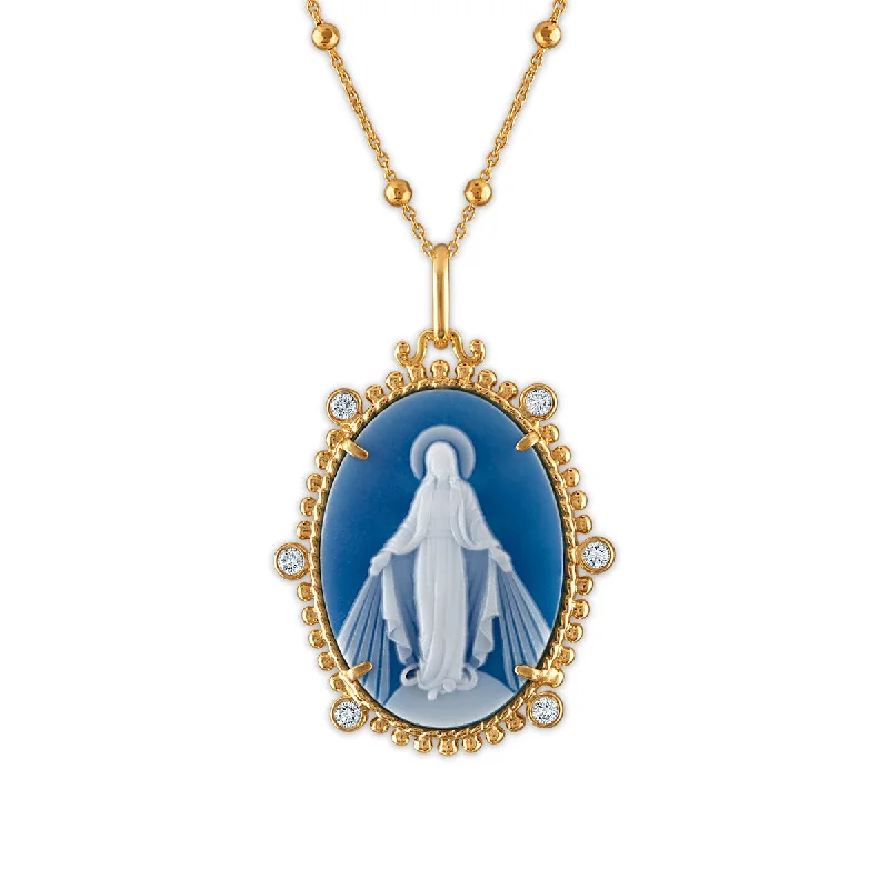 personalized silver pendant necklace for her birthday-Frank Ronay Collection Blue Agate and Cubic Zirconia 25X18MM 20-inch Virgen Milagrosa Pendant in 18KT Yellow Gold Plated Sterling Silver