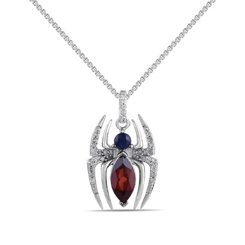 custom pendant necklace with engraved initials for family-Marvel™ Fine Jewelry Garnet and Diamond Spiderman 18-inch Pendant in Sterling Silver