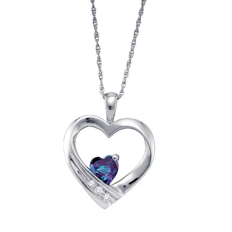 personalized pendant necklace for anniversary with gemstone-Heart Shape Alexandrite and Diamond Birthstone 18-inch Pendant in Sterling Silver