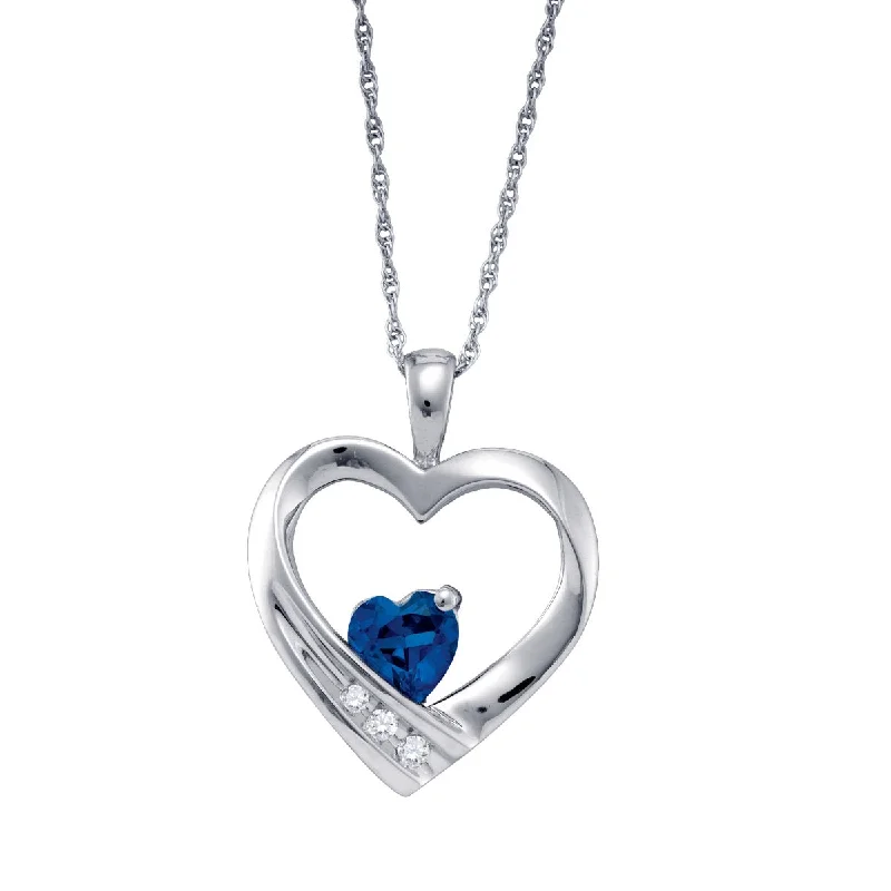 personalized pendant necklace with message for kids-Heart Shape Blue Sapphire and Diamond Birthstone 18-inch Pendant in Sterling Silver