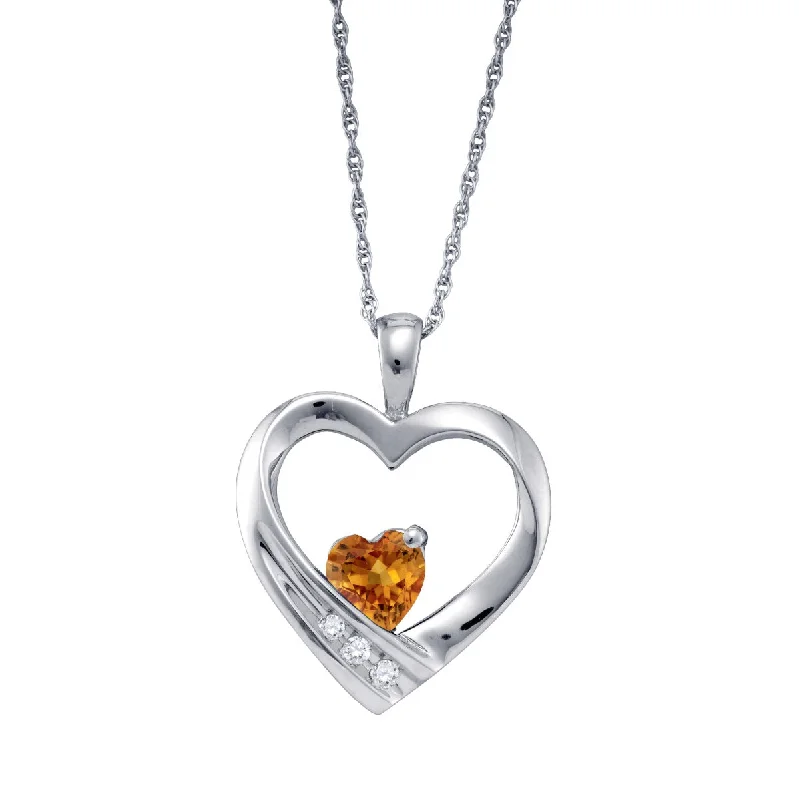 silver pendant necklace for men with custom initials-Heart Shape Citrine and Diamond Birthstone 18-inch Pendant in Sterling Silver