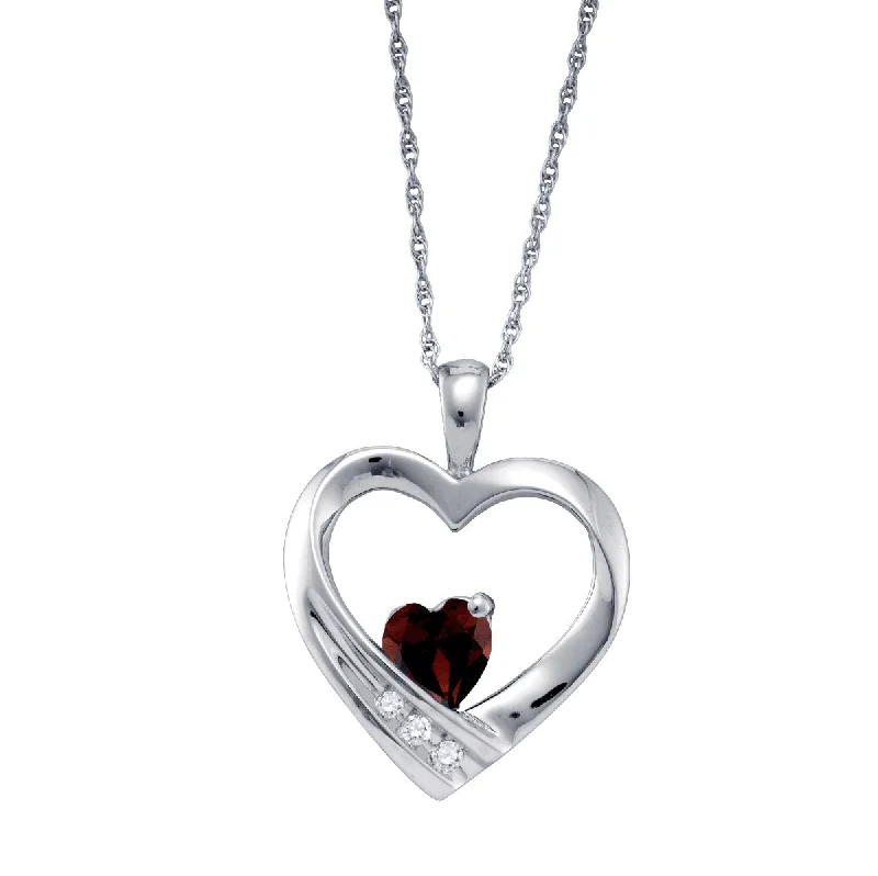 silver pendant necklace for anniversary with custom engraving-Heart Shape Garnet and Diamond Birthstone 18-inch Pendant in Sterling Silver