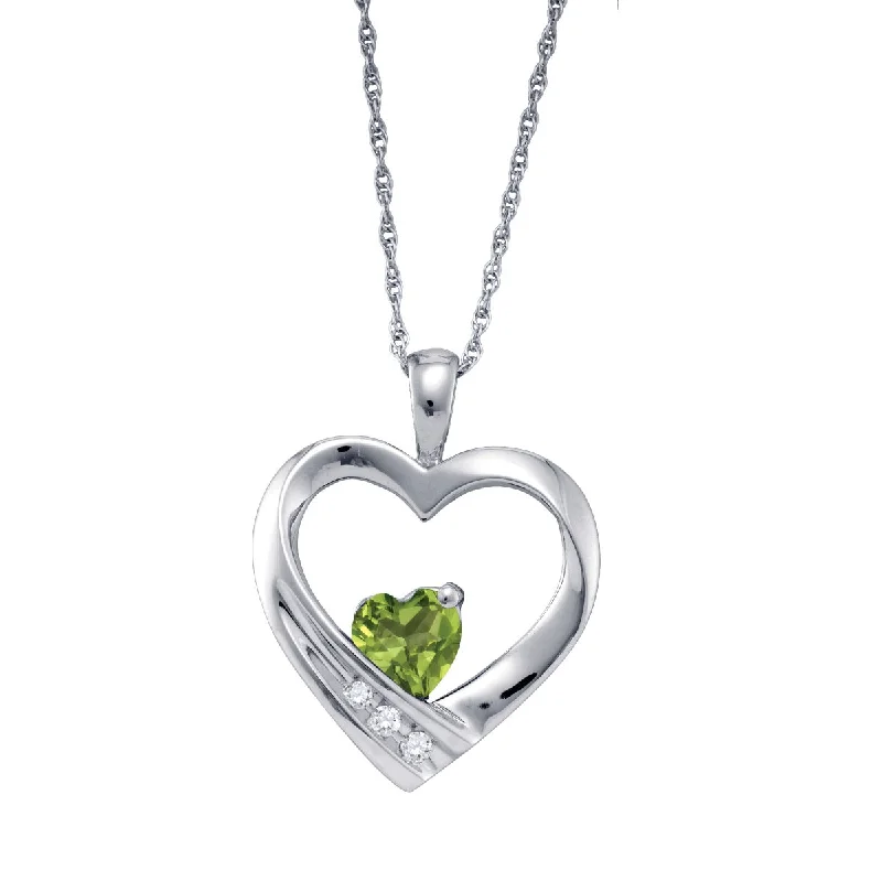 personalized pendant necklace for anniversary with gemstone-Heart Shape Peridot and Diamond Birthstone 18-inch Pendant in Sterling Silver