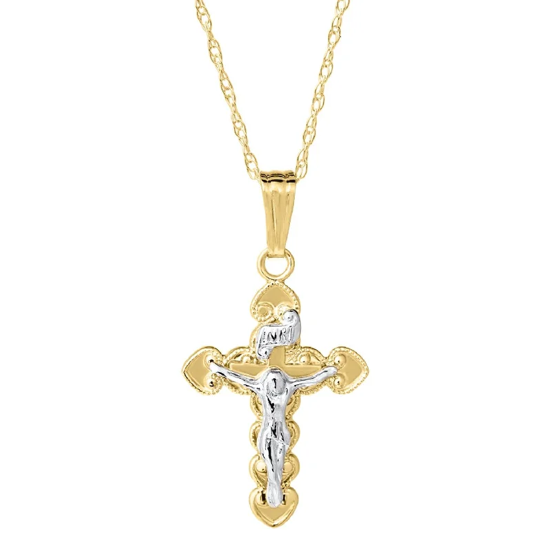 gold pendant necklace for mom with custom engraving-Kiddie Kraft 14KT White and Yellow Gold 15-inch Childrens Crucifix Cross Pendant