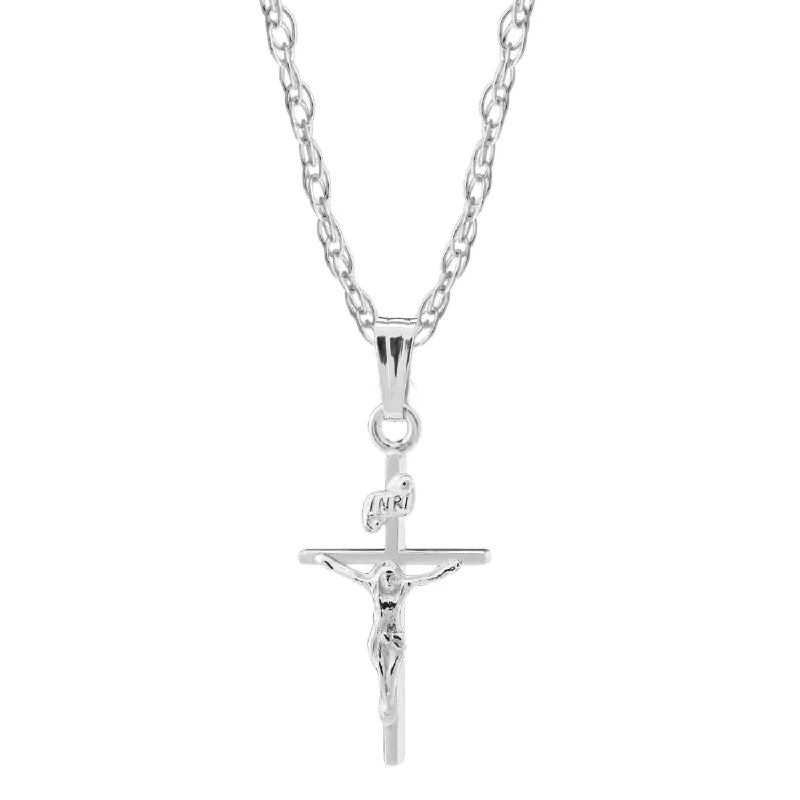 custom pendant necklace for men with engraving for birthday-Kiddie Kraft Sterling Silver 15-inch Childrens Crucifix Cross Pendant