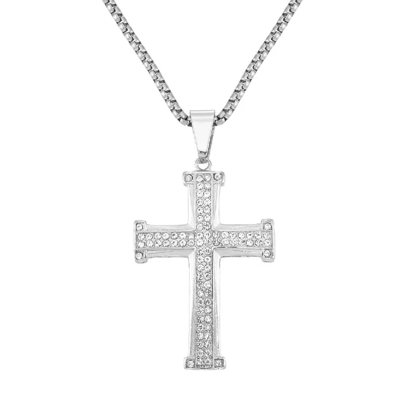 engraved silver pendant necklace with gemstone-King by Simone I Smith Stainless Steel and Crystal 50X35MM 24-inch Cross Pendant