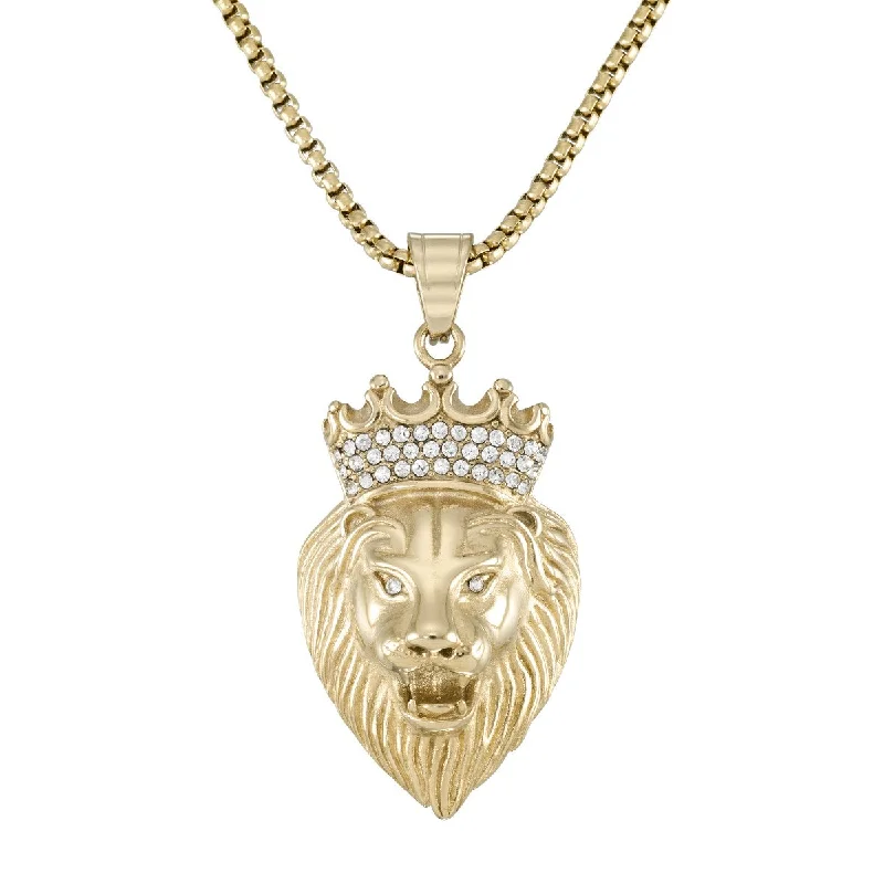 silver engraved pendant necklace for couples with date-King by Simone I Smith Yellow Stainless Steel and Crystal 40X25MM 24-inch Lion With Crown Pendant