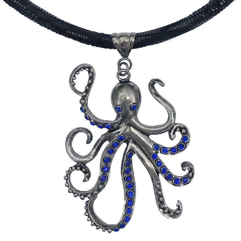 custom pendant necklace with initial engraving for anniversary-Large Pewter Octopus Pendant Choker Necklace with Blue CZ and Rhinestones on Thick Leather Cord