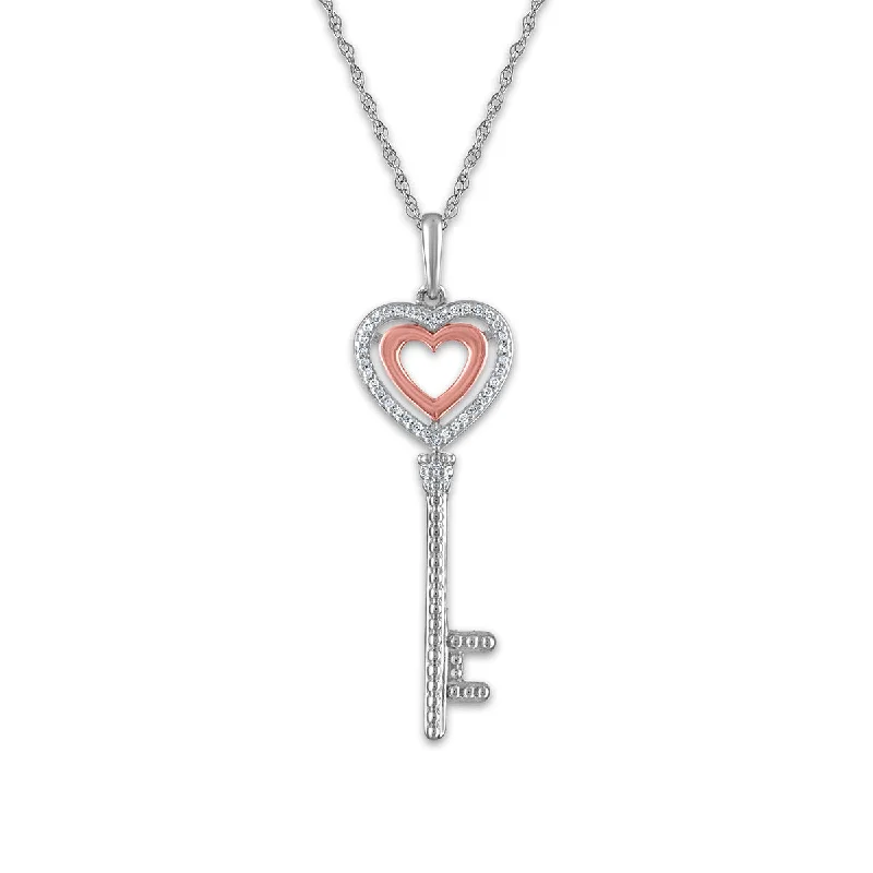 personalized silver circle pendant necklace with names-LoveSong 1/16 CTW Diamond Heart Key 18-inch Pendant in Sterling Silver