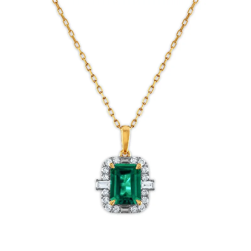 custom bar pendant necklace for anniversary-LoveSong EcoLove 8X6MM Emerald Shape Emerald and Diamond Halo 18-inch Pendant in 10KT Yellow Gold