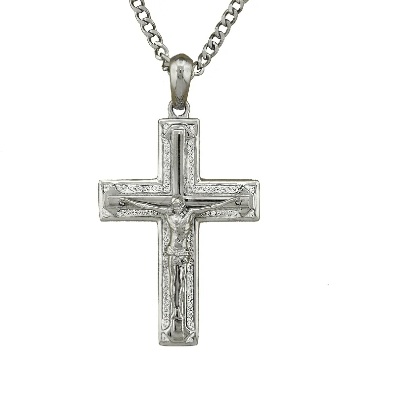 personalized bar pendant necklace with family names and dates-Luxe Layers Stainless Steel Crystal 24-inch Crucifix Cross Pendant