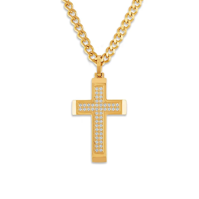 custom bar necklace for couples with engraved text-Luxe Layers Yellow Stainless Steel and Cubic Zirconia 24-inch Cross Pendant