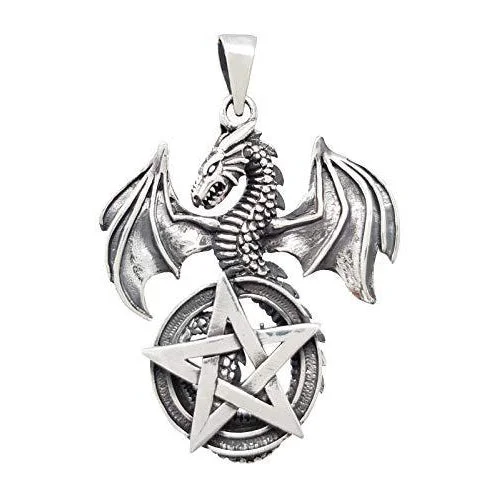 personalized pendant necklace for couples with custom engraving-Silver Dragon Pendant with Pentagram For Men And Women