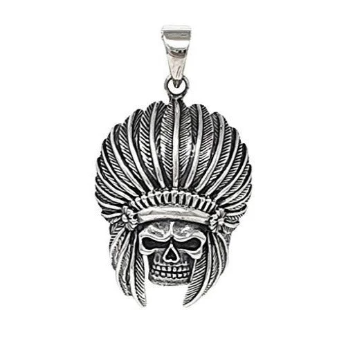 engraved silver heart pendant necklace for her-Sterling Silver Skull Chief Biker Pendant For Men And Women