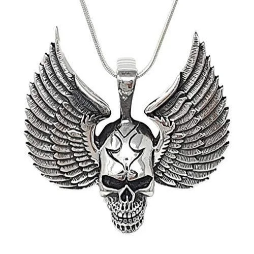 personalized crystal pendant necklace with photo engraving-Silver Skull And Wings Pendant For Men And Women