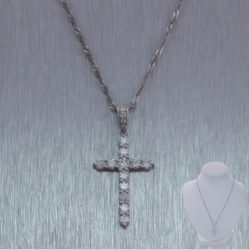 custom round pendant necklace with message for mom-Modern 14k White Gold 1ctw Diamond Cross Pendant 18" Necklace