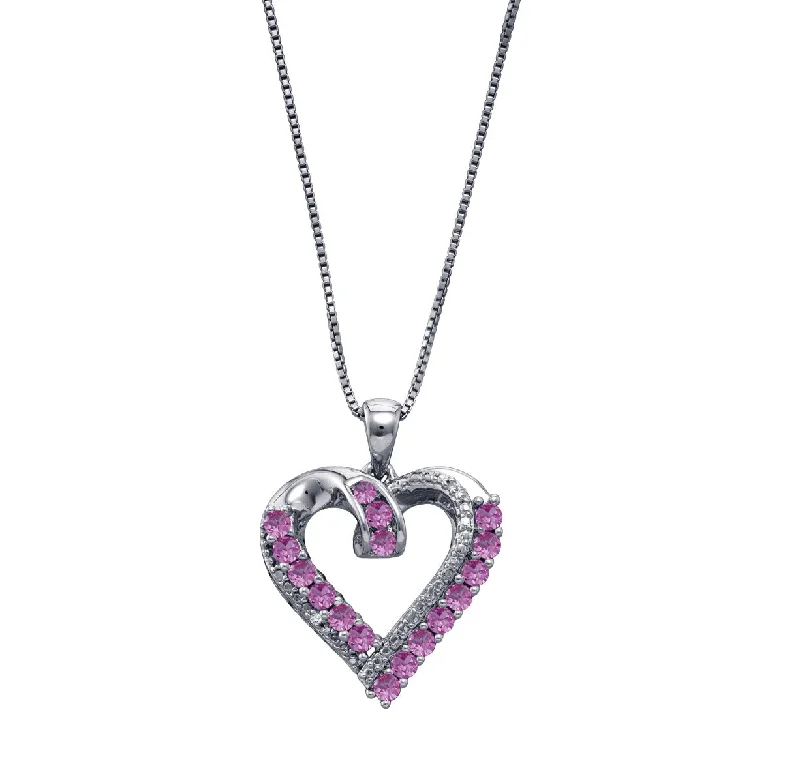 custom heart pendant necklace for girlfriend with initials-Pink Sapphire and Diamond Heart 18-inch Pendant in Sterling Silver