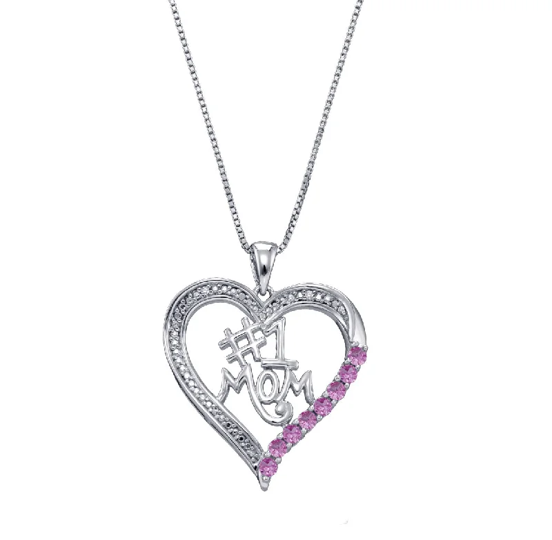 silver pendant necklace for wedding with custom engraving-Pink Sapphire Heart Mom 18-inch Pendant in Sterling Silver