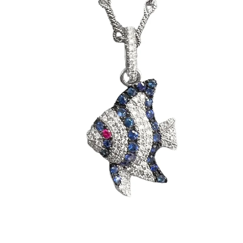 custom pendant necklace for wife with date engraving-Pippo Perez 18k White Gold Diamond Sapphire Ruby Angel Fish Pendant 16" RARE