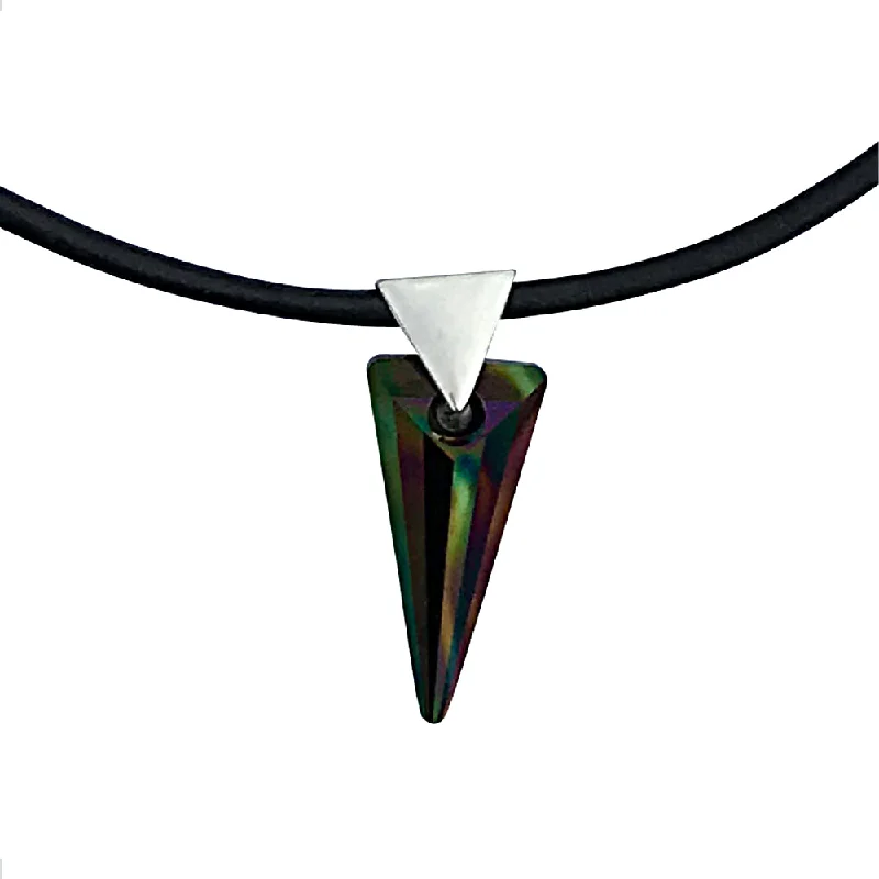 silver name pendant necklace with family birthstone-Reversible Dark Rainbow Swarovski Crystal Spike Pendant Necklace on Sterling Silver Black Leather Cord