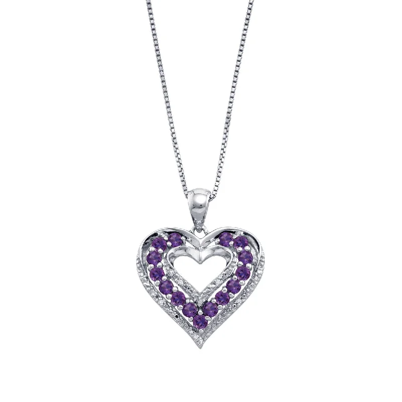 engraved photo pendant necklace for couples-Round Amethyst and Amethyst Heart 18-inch Pendant in Sterling Silver