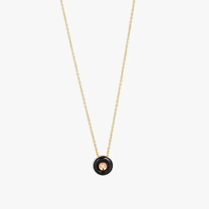 silver pendant necklace for wedding with initials-Round Diamond Pendant Necklace in 18K Rose Gold with Black Enamel