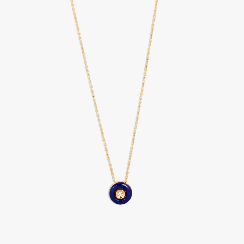 silver pendant necklace with custom engraving for boyfriend-Round Diamond Pendant Necklace in 18K Rose Gold with Blue Enamel