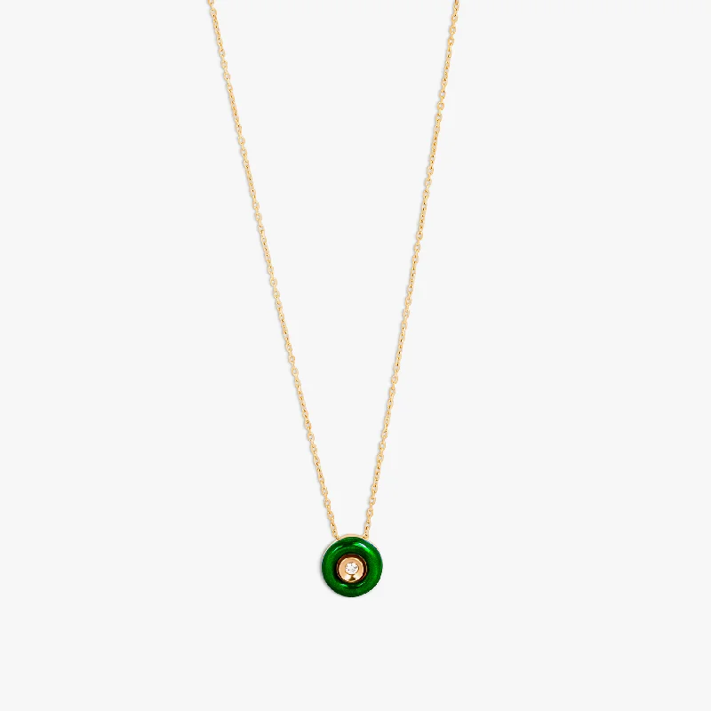 personalized name charm necklace for men-Round Diamond Pendant Necklace in 18K Rose Gold with Green Enamel