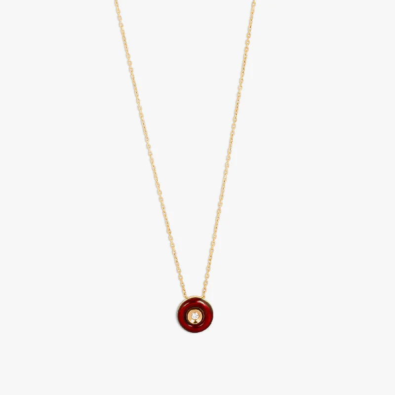 personalized letter pendant necklace with custom message-Round Diamond Pendant Necklace in 18K Rose Gold with Red Enamel