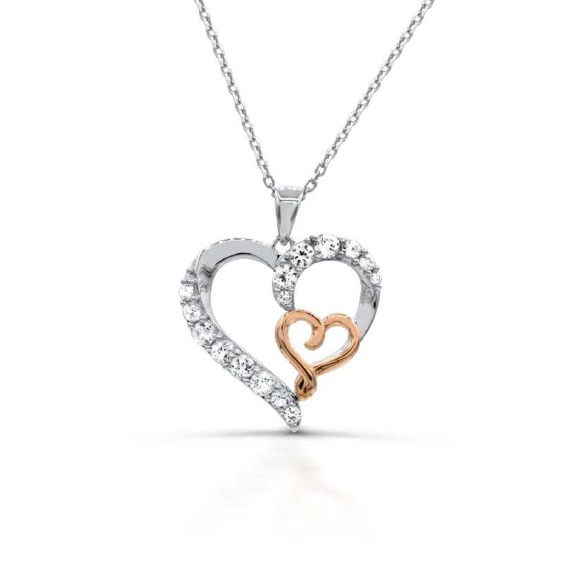 personalized heart pendant necklace for girlfriend with names-Round White Sapphire Heart Eternal Romance 18-inch Pendant in Sterling Silver