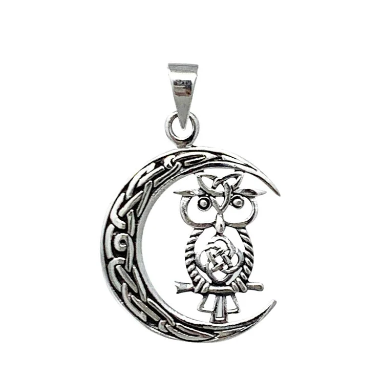 personalized pendant necklace with gemstone charm for men-Sterling Silver Celtic Moon And Owl Pendant For Women