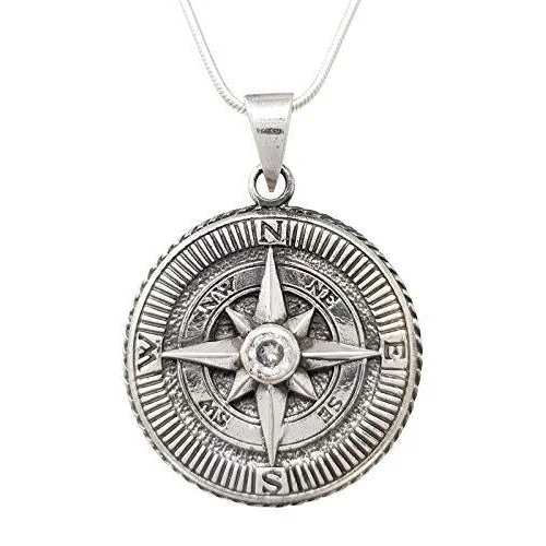 custom pendant necklace with photo for couples-Silver Clear Stone Compass Pendant For Men And Women