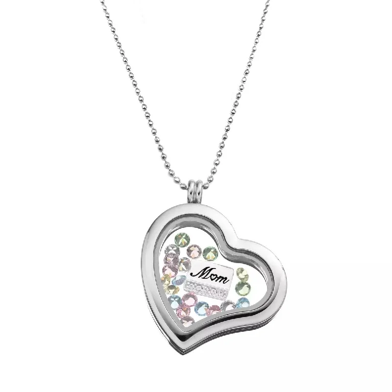 silver crystal pendant necklace for her with message-Stainless Steel and Crystals Heart Locket