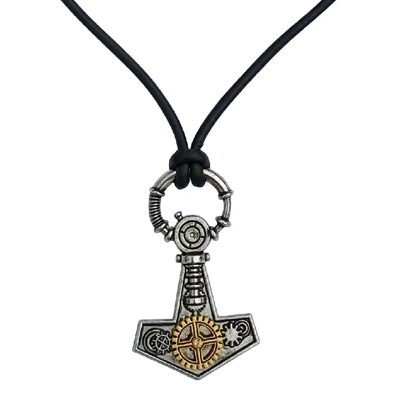 gold chain necklace with custom pendant for women-Steampunk Thor's Hammer Mjolnir Pewter Pendant on Black Leather Cord Men's Necklace, 26"