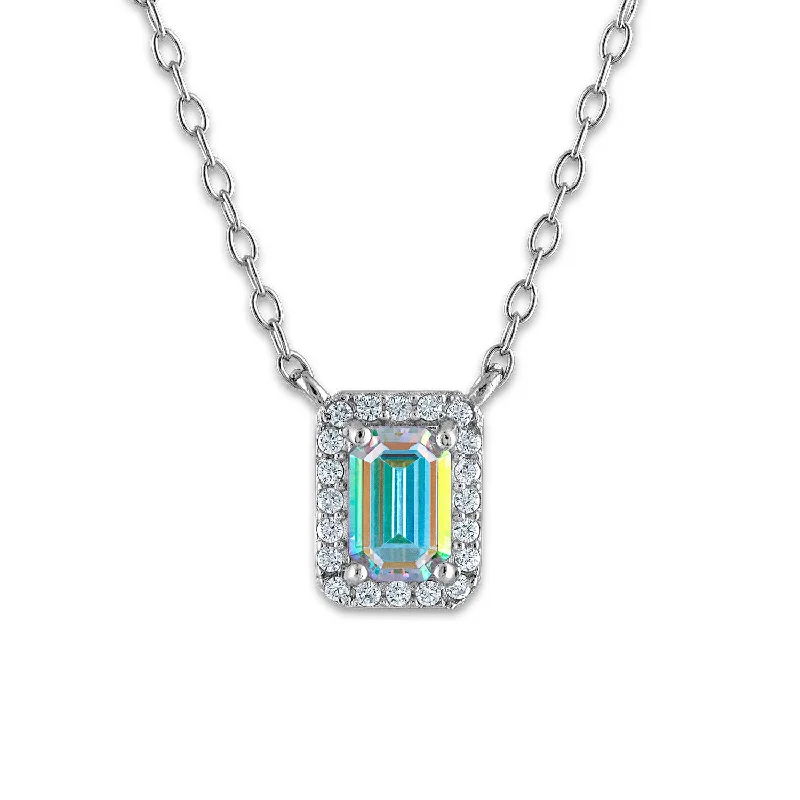 gold pendant necklace with gemstone charm for women-Sterling Silver 8X6MM Emerald Shape Cubic Zirconia 18-inch Halo Pendant