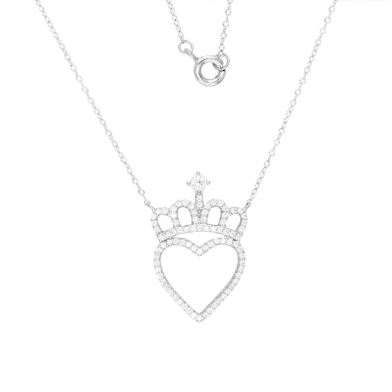 personalized crystal pendant necklace with photo engraving-Sterling Silver Cubic Zirconia 18-inch Heart & Crown Pendant