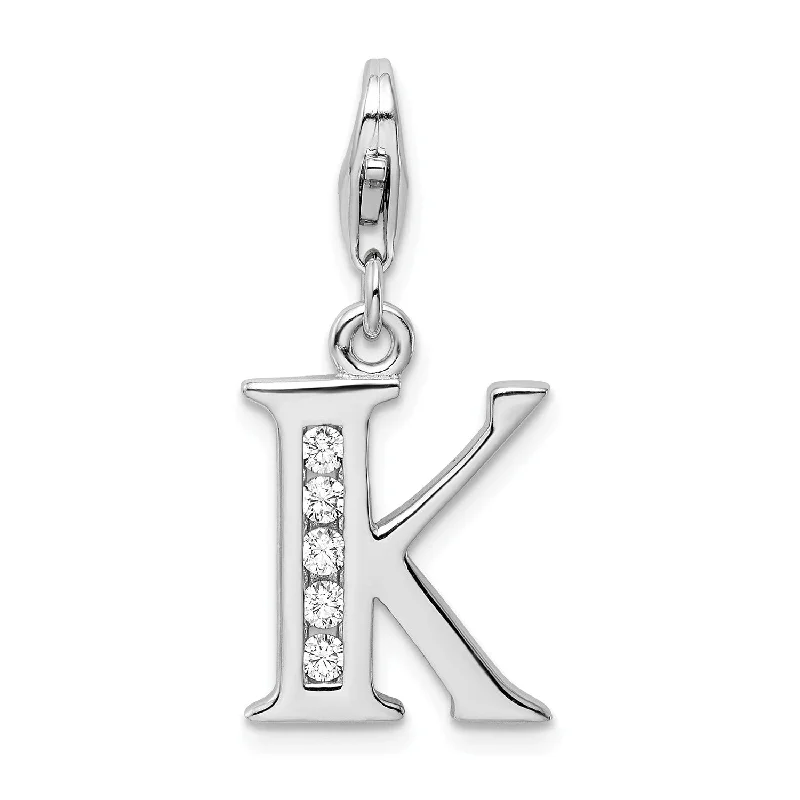 personalized gold pendant necklace with custom engraving-Sterling Silver Cubic Zirconia .5X12MM Lobster Clasp Initial Charm; Initial K