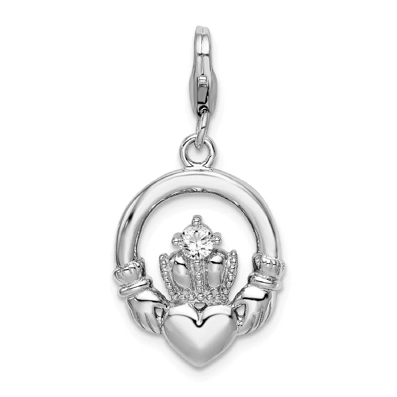 gold pendant necklace for men with custom engraving-Sterling Silver RH CZ Claddagh w/Lobster Clasp Charm