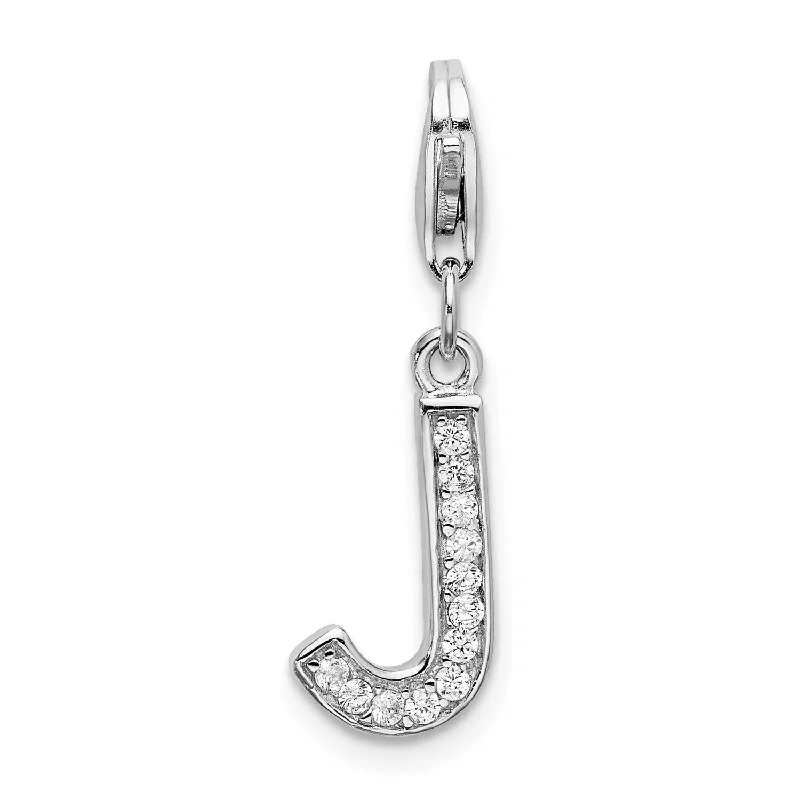 silver pendant necklace for mom with engraved crystal-Sterling Silver RH CZ Letter J w/Lobster Clasp Charm